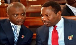 Rivers StateCommissioner for information and communications, Dr. Austine Tam-George (right), with his Housing counterpart, Barrister Emma Okah, during a valedictory thanksgiving service in honour of former Chief Judge of the State, Justice Daisy Okocha in Port Harcourt, yesterdayPhoto: Nwiueh Donatus Ken