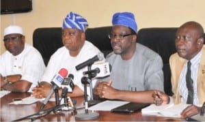 L-R: Lagos State Commissioner for Local Government, Chieftaincy and Community Affairs, Mr Muslim Folami, Commissioner for Environment, Dr Babatunde Adejare, Commissioner for Information and Strategy, Mr Steve Ayorinde and Commissioner for Physical Planning,  Mr Wasiu Anifowose, during a news conference on the demolition of  Owonifari Market, Oshodi by Lagos State Government in Lagos recently.