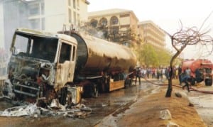 A fuel tanker that caught fire at the NNPC filling station at Gudu District in Abuja, recently 