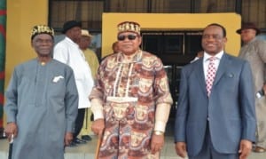 Vice Chancellor, Federal University of Dutsin-Ma, Katsina State, Prof  James Oyatse (right), with Chairman, Rivers State Council of Traditional Rulers, King Dandeson Douglas Jaja (middle) and Prof. S. J.S. Cookey, during the Vice Chancellor’s visit to the monarch in Port Harcourt recently.