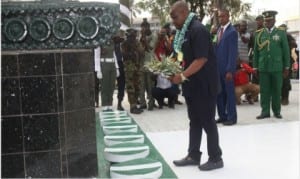 Rivers State Governor, Chief Nyesom Wike laying a wreath during the 2016 Armed Forces and Remembrance Day celebrations in Port Harcourt on Friday .
