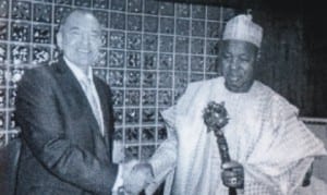 Ambassador of Ukraine to Nigeria, Dr Villari Alexandruk (left), in a handshake with Governor Aminu Masari of Katsina State, after the envoy presented his country’s symbol of power to the Governor in Katsina on Thursday 