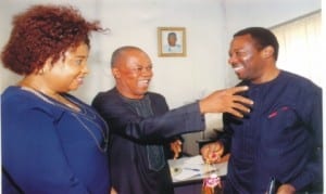 Rivers State Commissioner for Information and Communciations, Dr Austin Tam-George (right), exchanging pleasantries with Engr Emechebe Jonas of Treasure FM and the Head of News, South-South Zone of the media outfit, during the Commissioner’s visit to the media house in Port Harcourt on WednesdayPhoto: Egberi A.Sampson