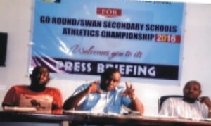 Chairman, South-South, SWAN and  Chairman, Main Organising Committee (MOC), Go Round/SWAN Secondary School Athletics Championship,  Mr Honour  Sirawoo (middle|), Chairman, Publicity and Sub-Committee, Mr Gabriel Nwanetanya (right), and Mr Giga James, member of the MOC,   during a press  briefing at Ernest Ikoli Press Centre, Port Harcourt, recently.