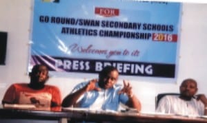 Chairman, South-South, SWAN and Chairman, Main Organising Committee (MOC), Go Round/SWAN Secondary School Athletics Championship, Mr Honour Sirawoo (middle|), Chairman, Publicity and Sub-Committee, Mr Gabriel Nwanetanya (right), and Mr Giga James, member of the MOC, during a press briefing at Ernest Ikoli Press Centre, Port Harcourt, recently.