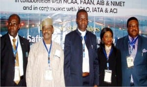 L-R: Regional Officer, International Civil Aviation Organization, Mr Albert Taylor, Director, Operation and Training, Nigerian Civil Aviation Authority, Capt. Abdullahi Sidi, Managing Director, Nigeria Airspace Management Agency, Mr Ibrahim Abdulsalam, Regional Director, International Air Transport Association, Mrs Adefunke Adeyemi and Director, Airport Operations, Federal Airport Authority of Nigeria, Capt. Henry Omegue, at the Runway Safety Workshop in Lagos on Monday