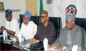 R-L: Deputy Governor of Oyo State, Chief Alake Adeyemo, Governors, Rauf aregbesola of Osun State, Olusegun Mimiko of Ondo State and Ibikunle Amosun of Ogun State, at the Odua Investment Owners’ State Governors meeting in Ibadan, yesterday.