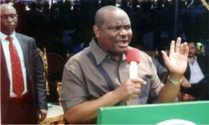 Rivers State Governor, Chief Nyesom Wike delivering a speech, during the flag-off of reconstruction of Igwuruta/Chokocho Road, yesterday. Photo: Egberi Sampson