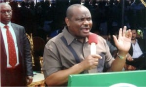 Rivers State Governor, Chief Nyesom Wike delivering a speech, during the flag-off of reconstruction of Igwuruta/Chokocho Road, yesterday.                                                                       Photo: Egberi Sampson