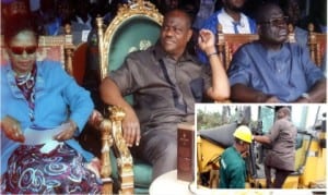 Rivers State Governor, Chief Nyesom Wike (middle), his Deputy, Dr Ipalibo Harry-Banigo and Chief Sergent Awuse, during the flag off of reconstruction of Igwuruta/Chokocho Road, yesterday. Inset is the Governor, Chief Nyesom Wike test-driving one of the caterpillars on site.