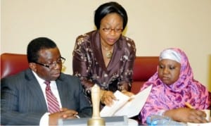 L-R:Minister of Health, Prof Isaac Adewole, Director, Health Planning, Research and Statistics, Dr Ngozi Azodoh, and Permanent Secretary, Dr Amina Shamaki, at an Emergency National Council of Health meeting on Lassa Fever outbreak in Abuja, yesterday.