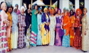 Wife of the President, Mrs Aisha Buhari (8th left), wife of the Vice President, Mrs Dolapo Osinbajo (6th right), wife of the Speaker of the House of Representatives, Mrs Gimbiya Dogora (7th left), with wives of State Governors, after their meeting at the Presidential Villa in Abuja on Monday.