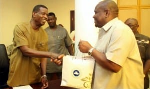 Governor Nyesom Wike of Rivers State (right), with the General Overseer, Redeemed Christian Church of God, Pastor Enoch Adeboye (left) at Government House, Port Harcourt on Monday