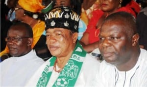 L-R: The Principal, Union Secondary School, Awkunanaw, Ven. Moses Ifeanyieze, traditional ruler of Ogui Nike Community, Igwe Tony Ojukwu and Chief Supervising Principal, Enugu State Post Primary Schools Management Board, Chief Charles Maduekwe, during a Traditional Education Quiz Competition in Enugu, yesterday.