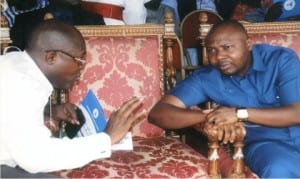 Speaker, Rivers State House of Assembly, Rt Hon Dabotoriduma Adams (right), with his Deputy, Hon Stanley Marshall Uwom, during the flag-off of the reconstruction of Igwuruta-Chokocho Road, in Port Harcourt, recently.                    Photo: Egberi Sampson