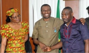 L-R: Permanent Secretary, Ministry of Niger Delta Affairs, Belema Wakama, Minister of Niger Delta Affairs, Usani Uguru Usani, and President, Ijaw Youth Council, Udengs Eradiri, during the visit of leaders of the council to the Ministry in Abuja on Wednesday