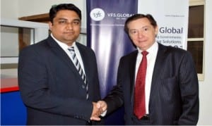 French Ambassador To Nigeria, Amb. Denys Gauer (right), with Chief Operating Officer for Africa, VFS Global, Mr Deepak Iyer, after a news conference on the commencement of simplified Visa Application processes, in Abuja, yesterday.