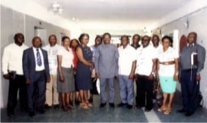 Rivers State Commissioner for Information and Communications,  Dr Austin Tam-George (middle),  with executive members of Nigeria Union of Journalists, Rivers State council, during a courtesy visit to the Commissioner in Port Harcourt on Wednesday..                                                                                                                 Photo: Egberi A. Sampson