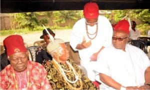 L-R: Traditional Ruler, Hilltop autonomous community of Enugu State, Chief Kenneth Ekedoke, Ozo Sunday Orji, Chief Denis Chukwuemeka and guest of honour, Ozo Gab Agu, at the beginning of Year 2016 community meeting in Enugu, recently.