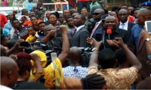 Rivers State Governor, Chief Nyesom Wike, addressing market women at Oroigwe Market after inspecting the Rumunduru-Oroigwe Road on Friday.