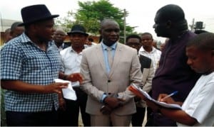 (From Left): Chairman of the 8th Governing Council of Ken Saro Wiwa Polytechnic, Adokiye Amiesimaka, explaining a point to Rivers State Commissioner for Education, Prof. Kinaye Ebeku, while the Acting Rector of the school, Dr. Onengiyeofori M. Georgewill watches, during a familiarisation tour of the school by the Commissioner. Photo: Sogbeba Dokubo.