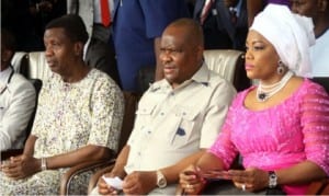 L-R: General Overseer, Redeemed Christian Church of God (RCCG), Pastor Enoch Adeboye, Rivers State Governor, Chief Nyesom Wike and his wife, Justice Suzzette,  during the Holy Ghost Rally in Port Harcourt, yesterday.