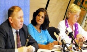 L-R: United Nations Special Repporteur on the Right to Health, Dainius Puras, Special Repporteur on Contemporary Forms of Slavery, Urmilla Bhoola, and the Special Repporteur on Sale of Children, Child Pornography and Child Prostitution, Maude De Boer-buquicchio, at a news conference by the UN Special Rapporteurs on their Assessment of Nigeria's Preparation for Rehabilitation and Reintegration of Women and Children freed from Boko Haram insurgents, in Abuja on Friday 