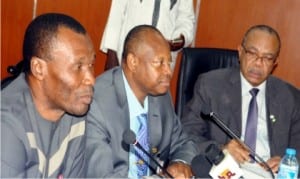 L-R: Minister of Niger Delta Affairs, Usani Uguru Usani, Special Adviser to the President on Niger Delta Affairs, Brig.-Gen. Paul Boroh (Rtd) and Permanent Secretary, Ministry of Interior, Mr Bassy Akpanyung, at an Inter-Agency Consultative meeting on the recent crisis in the Niger Delta region, convened by the Ministry of Niger Delta Affairs in Abuja on Friday