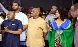Rivers State Governor, Chief Nyesom Wike (middle), with his wife, Justice Suzette and Speaker, Rivers State House of Assembly, Rt. Hon. Dabotorudima Adams (left),  during the Last Day of the 5 Nights of Glory at the headquarters of the Salvation Ministries in Port Harcourt on Friday 
