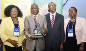 L-R: Director General, Federal Institute of Industrial Research, Lagos, Dr. Gloria Elemo; Managing Director, Shell Nigeria Exploration and Production Company, Mr. Bayo Ojulari, SNEPCo Portfolio Manager, Mr. John Eweje and SNEPCo Communications Manager, Mrs. Sola Abulu, at the opening session of the 2016 Offshore West Africa Conference in Lagos yesterday. SNEPCo was conferred with the only award of the conference, the Loyalty Award.