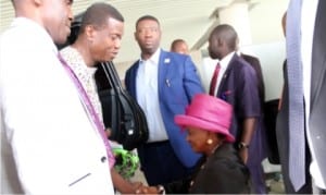Rivers State Deputy Governor, Dr. (Mrs) Ipalibo Harry Banigo welcoming the General Overseer, Redeemed Christian Church of God (RCCG), Pastor Enoch Adeboye, during an Holy Ghost Service by the Redeemed Christian Church of God (RCCG) at the Adokiye Amiesimaka Stadium on Sunday