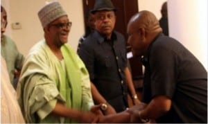 Rivers State Governor, Chief Nyesom Wike (right), with Acting National Chairman of PDP, Prince Uche Secondus (2nd left) and Secretary of the Board of Trustees of PDP, Senator Jubril Wahlid, during a congratulatory  visit to Governor Wike at the Government House, Port Harcourt, yesterday.