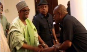 Rivers State Governor, Chief Nyesom Wike (right), with Acting National Chairman of PDP, Prince Uche Secondus (2nd left) and Secretary of the Board of Trustees of PDP, Senator Jubril Wahlid, during a congratulatory visit to Governor Wike at the Government House, Port Harcourt, yesterday.