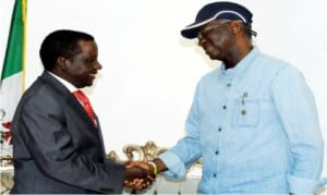 Governor Simon Lalong of Plateau State (left), welcoming the Minister of Power, Works and Housing, Mr Babatunde Fashola,  during the Minister’s project verification and inspection visit to Plateau State on Wednesday.