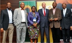 L-R: General Manager, Nigeria Content Development, Shell Petroleum Development Company, Mr. Chiedu Oba, Director, Fortune Engineering and Energy Services, Mr. Osten Olorunsola, Communications Manager, Shell Nigeria Exploration and Production Company, Mrs. Sola Abulu, General M anager, Deepwater of SNEPCo, Mr. Milan Hendrikse, Winner of Best Presentation Award at the just concluded Offshore West Africa Conference and SNEPCo’s Hardware Engineer, Mr. Gary Ayenor and SNEPCo’s Project Porfolio Manager, Mr. John Eweje, at the closing ceremony of the OWA Conference in Lagos, on Thursday.