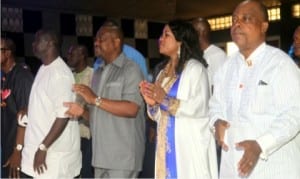 L-R: Rivers State Finance Commissioner, Dr Fred Kpakol, Rivers State Governor, Chief Nyesom Wike, his wife, Justice Suzette Eberechi and PDP Acting National Chairman, Prince Uche Secondus at the Salvation Ministries, Port Harcourt, yesterday.