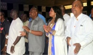 L-R: Rivers State Finance Commissioner, Dr Fred Kpakol, Rivers State Governor, Chief Nyesom Wike, his wife, Justice Suzette Eberechi  and PDP Acting National Chairman, Prince Uche Secondus at the Salvation Ministries, Port Harcourt, yesterday.