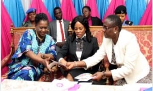 L-R: Rivers State Deputy Governor, Dr Ipalibo Harry-Banigo, wife of the state Governor, Justice, Eberechi Suzette Wike and Commissioner for Women Affairs, Hon. Mrs. Ukel Oyagiri, conferring over the SDG's sticker, during a meeting/workshop on Women Empowerment and Sustainable Development  organised by the State Ministry of Women Affairs in Port Harcourt, recently.