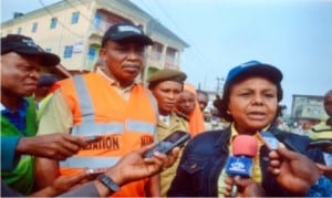 Rivers State Commissioner for Environment, Prof. Roseline Konyan, addressing newsmen at the end of her monitoring of the monthly sanitation exercise in Port Harcourt on Saturday. With her are Special Adviser to the Governor on Sanitation Matters, Hon. Nwuke Anucha (2nd left) and State Director, National Orientation Agency (NOA), Mr Oliver Wolugbom             Photo: Chris Monyanaga