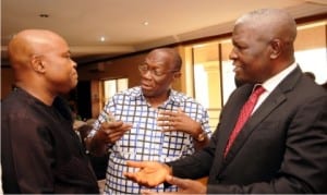 L-R:  Enugu State Commissioner for Commerce, Mr Ogbu Nwobodo, former President, Enugu Chamber of Commerce, Industry, Mines and Agriculture (Eccima), Sir Rob Anwatu and Eccima's President-elect, Rev. Uguchukwu Chime, during Eccima's pre-inauguration meeting in Enugu on Thursday