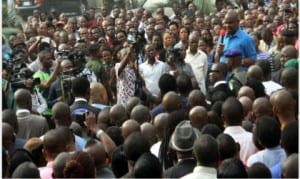 Rivers State Governor, Chief Nyesom Wike, addressing civil servants at the State Secretariat complex in Port Harcourt, yesterday.