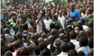 Rivers State Governor, Chief Nyesom Wike, addressing civil servants at the State Secretariat complex in  Port Harcourt, yesterday. 