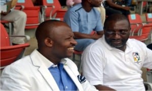 Former Minister of Sports, Dr Tammy Danagogo (left), with the sponsor of Go-Round/SWAN Athletics Championship for Secondary Schools, Bro Felix Obuah, at the opening ceremony of the championship in Port Harcourt, yesterday.
