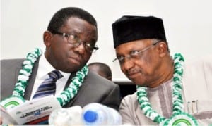 Minister of Health, Dr. Isaac Adewole (left), with the Minister of State, Dr. Osagie Ehanire, at a public event  in Abuja, recently.