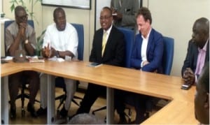 Rivers State Chairman, Trade Union Congress, Comrade Chika Onuegbu (2nd left), Regional Manager HR Orleaninvest,  Mr. Michael Neon (middle),General Manager,  Intels Nigeria Limited, Mr. Sascha Kuehl (2nd right) and other management staff of the company, during a familiarisation visit to the TUC boss to the Onne Oil and Gas Free Zone, recently