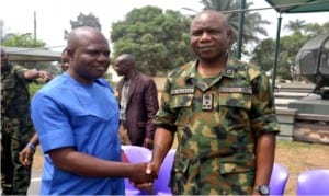 The Chairman, Nigeria Union of Journalist (NUJ), Mr. Ayo Tamuno (left), being welcomed by 2 Brigade Commander, 2 Brigade Command, Port Harcourt Barracks of the Nigerian Army, Brig-Gen. S. O. Olabanji, during a working visit of the union to the Command in Port Harcourt, yesterday Photo: Nwiueh Donatus Ken