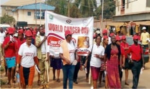Staff and officials of the Anambra State Ministry of Health and Civil Society Organisations staging a rally as part of the events marking the World Cancer Day in Awka, yesterday.