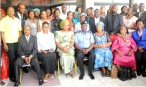 Representative of the Inspector General of Police, CP. Wilson Inalegwu (middle), representative of National President, Police Officers Wives Association, Mrs Esther Etim (3rd right) and the representative of Defence and Police Officers Wives Association, Mrs Veronica Iwodi and other participants, at the sensitisation workshop on Sexual and Gender-based Violence in Abuja, yesterday.
