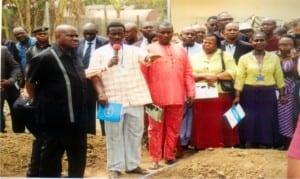 Governor of Rivers State, Chief Nyesom Ezenwo Wike (left), inspecting the  School Farm/Agriculture Business Initiative Pilot Scheme after commissioning at Government Girls Secondary School, Rumuokwuta, Port Harcourt, recently..     Photo: Egberi A. Sampson