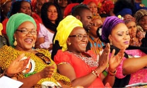 L-R: Wife of the Governor of Enugu State, Mrs Monica Ugwuanyi, wife of the former Deputy Governor of Enugu State, Mrs Onyeka Onyebuchi and wife of the Speaker of Enugu State House of Assembly, Mrs Akunna Ubosi, during Enugu women prayer rally in Enugu, yesterday